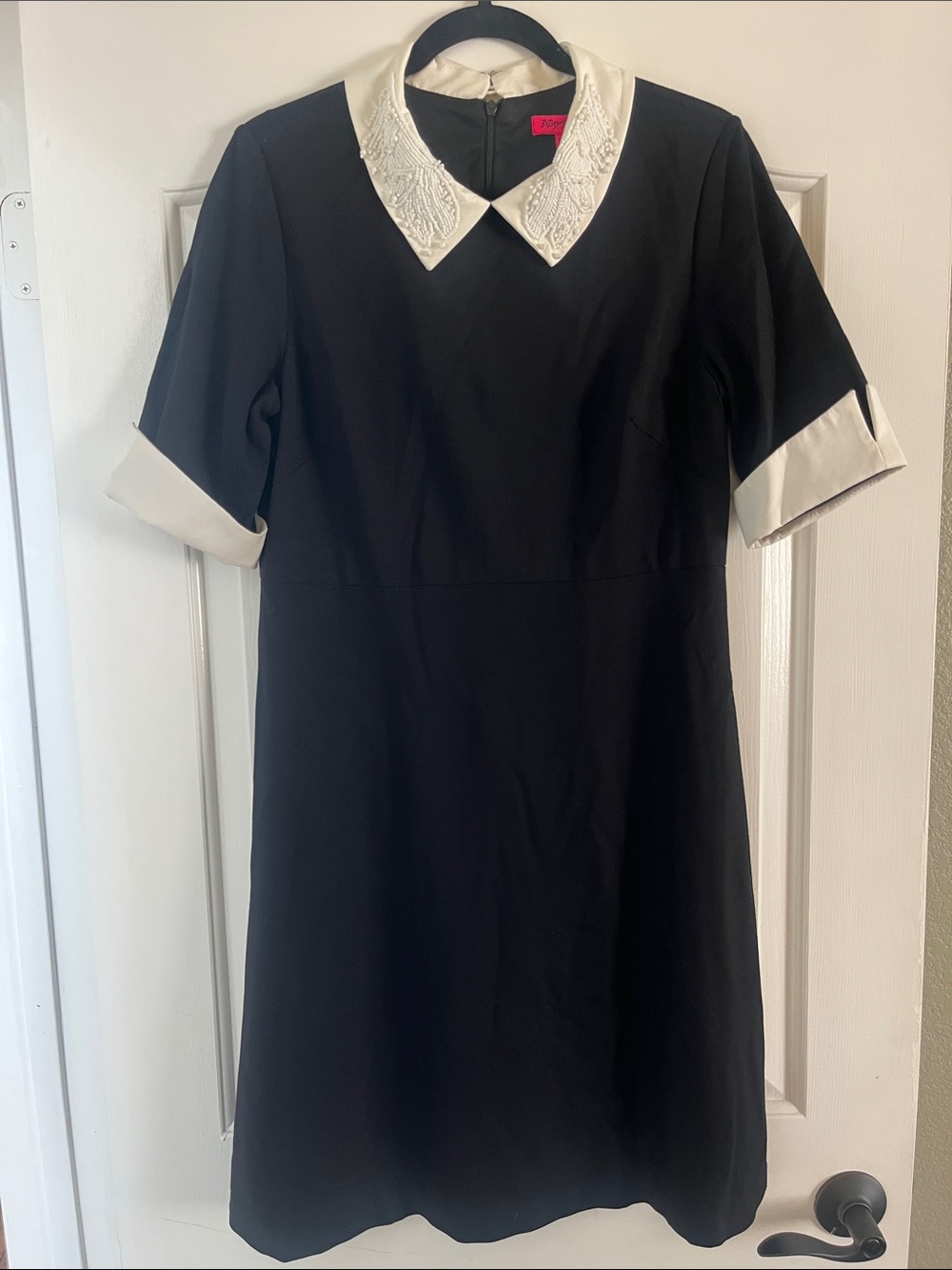 Betsey Johnson Black Midi Dress with White Embroidered Peter Pan Collar